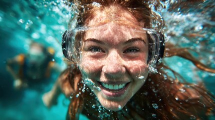 A cheerful young woman is underwater wearing goggles, smiling as bubbles surround her, embodying joy and the beauty of aquatic adventures beneath the surface.