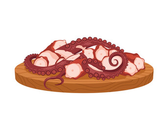 A wooden plate presents a sliced octopus its tentacles curled and studded with suckers