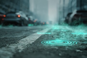 Nano sensors used in pollution detection on city street, asphalt gray and faded green, urban tech concept 