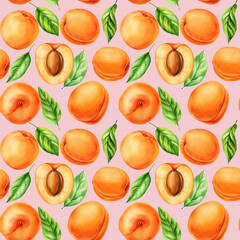 Apricots with seeds and green leaves watercolor seamless pattern Pink background. Fresh summer fruit healthy organic food design