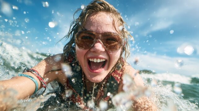 A young girl joyously riding the surf, captured mid-action in the clear ocean waters, surrounded by sparkling droplets, embodying the fun and freedom of summer adventures.