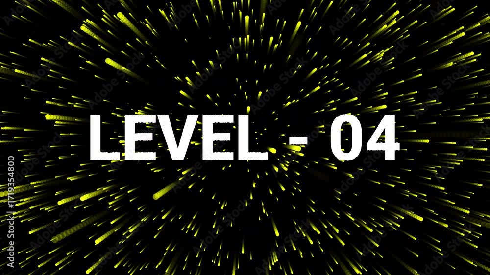Poster exciting level four game intro with dynamic yellow particle bursts background. 4k text animated vide