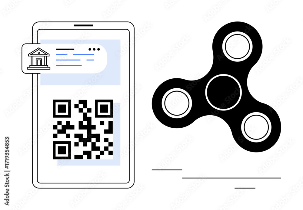 Poster smartphone displaying digital banking qr code with overlay of bank icon. fidget spinner alongside re