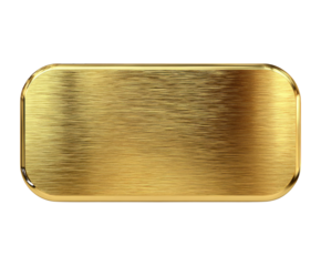 Brushed gold rectangular plaque with rounded corners and metallic sheen brushed metal isolated on a transparent background