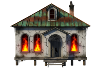 A dilapidated, weathered house with flames consuming the windows stands out against a stark black background.