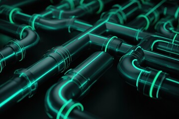 Pipeline of connected software modules in DevOps system, mint green and digital navy, abstract backend flow 