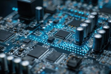 Precision sensors being calibrated on circuit board, brushed silver and sapphire blue, sharp macro detail
