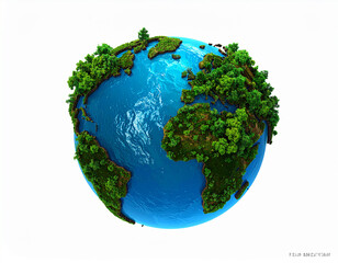 Lush green planet earth covered in trees and blue oceans globe world