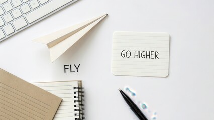 Minimalist workspace with paper airplane and motivational notes