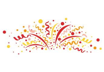 Colorful confetti explosion on a white background with streamers dots and arching lines