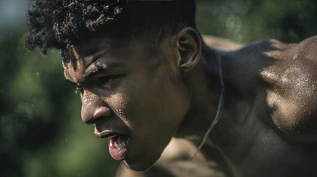 shirtless young man sprinting outdoors in the sun, intense close-up of sweaty face and muscular shoulder, looking away from the camera, gritty determination and focus - Powered by Adobe