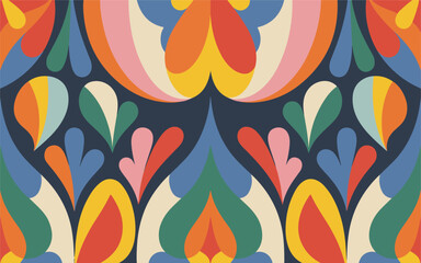 Symmetrical Abstract Pattern with Organic Shapes in Warm and Cool Colors on Dark Blue Background