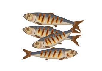 Four grilled fish overlap with brown tails and yellow grill marks on white