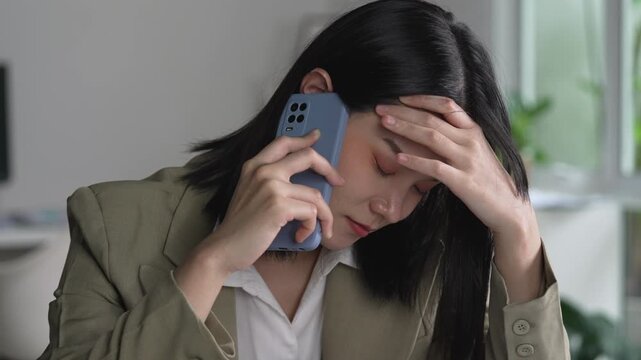 Young Asian Businesswoman looking stressed while talking on the phone