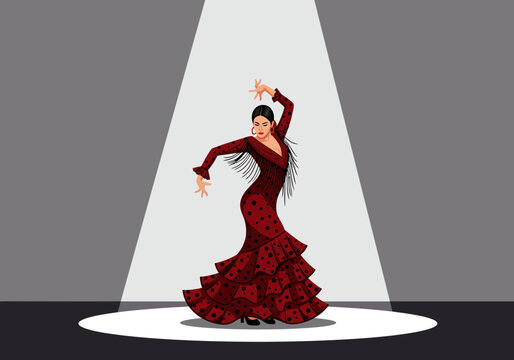 Flamenco dancer in red polka dot dress under spotlight on stage