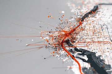 Public transit systems optimized using digital routing overlay, red-orange and pale gray, urban transportation map 