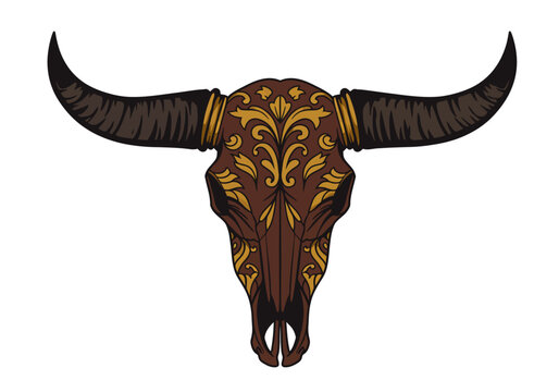 Illustrated buffalo skull brown gold ornate patterns and curved horns