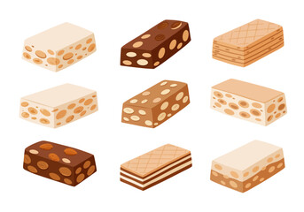 Nine isometric nougat and wafer candies on a white background