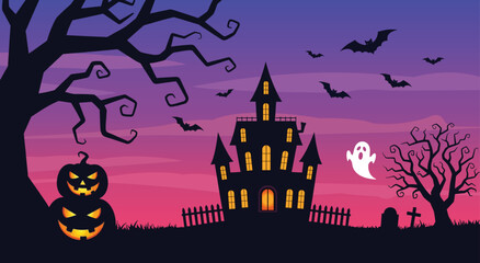 Spooky Halloween Background Vector – Haunted House, Ghost, Pumpkin, and Trees Paper Art Illustration