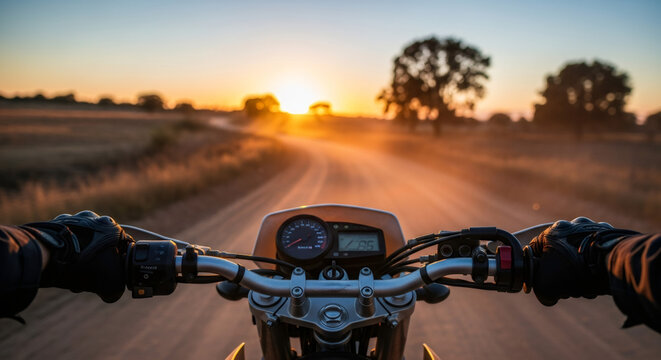 Man riding motorcycle on a dirt road at sunset. POV adventure travel with motorbike. Warm light, outdoor journey.