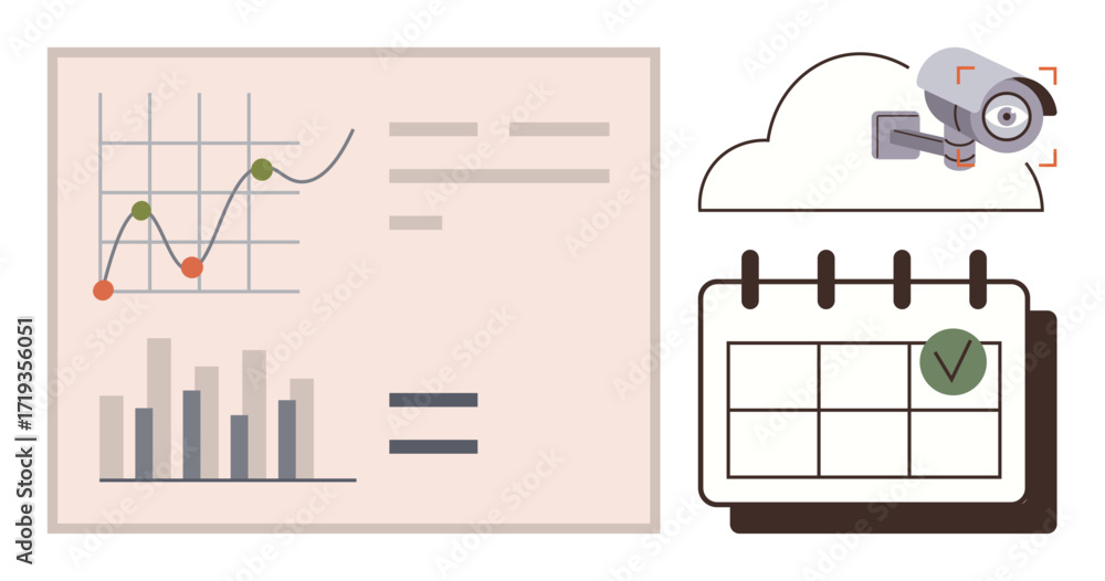 Poster graphs and bar charts for data tracking, cloud-connected security camera, and calendar with a checkm