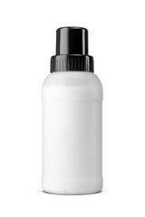 Powder detergent in plastic bottle with black screw cap isolated. Transparent PNG image.
