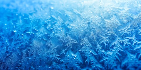Abstract blue frosty ice patterns on glass with light background