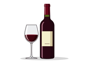 Red wine A wine bottle with a blank label sits next to a glass half full of red wine casting a shadow below them