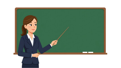 Illustration of Businesswoman Teacher with Pointer at Green Board – Transparent PNG