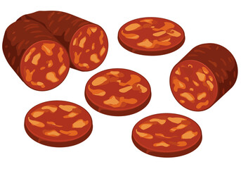 Salami sausage partially sliced arranged on a white background