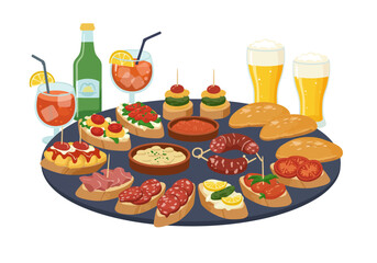 Tapas and drinks on a platter beer wine bread sausage and tomato appetizers