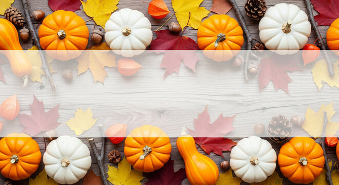 Flat lay of autumn elements forming border on rustic wooden background. Assortment of colorful pumpkins and fall leaves. White, translucent banner stretches horizontally across center.