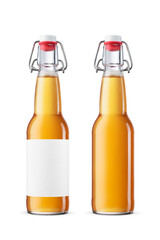 330ml Bottles with blank labels and clear glass containing golden yellow liquid, isolated. Transparent PNG image.