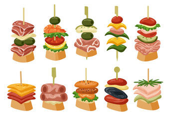 Ten different canapés or tapas on wooden sticks with ingredients like meat cheese olives shrimp and vegetables on toast