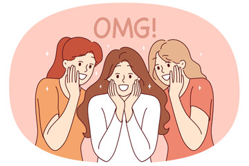 Enthusiastic girls shout OMG, seeing amazing commercial offer and big discounts on shopping. Word OMG near smiling women experiencing amazement and delight due to good coincidence of circumstances