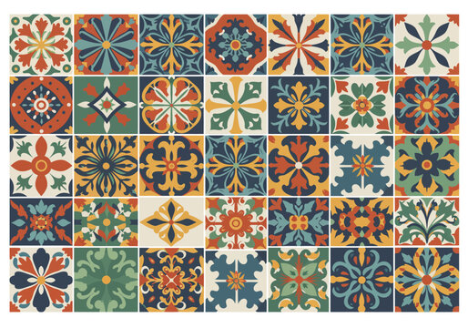 Tile mosaic featuring diverse floral patterns and a color palette of orange green yellow and blue against light and dark backgrounds