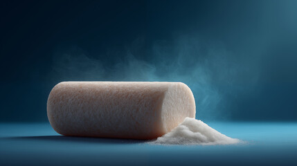 Natural soap bar with sea salt crystals on blue background for spa and wellness skincare concept