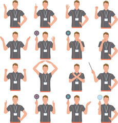 ジムの若い男性インストラクターのポーズセット