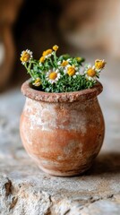 Clay pot with yellow flowers. Concept of nature, gardening, and home decor.