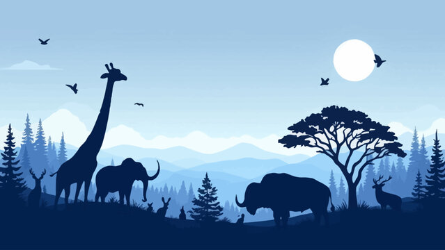 Flat vector of wild animal silhouettes in moonlit forest hills with trees and plants for World Animal Day October 4 - Powered by Adobe
