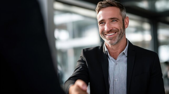 Smiling businessman in a dark suit shakes hands in a modern office, looking at the camera; confident, approachable executive delivering a friendly greeting