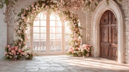 Enchanting Floral Archway: A romantic stone room features an arched window and door, both adorned with delicate flower decorations. This serene scene evokes a sense of tranquility and beauty.