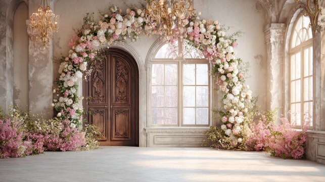 Elegant Entrance: A majestic wooden door and arched window, adorned with delicate flowers, beckon guests into a world of elegance and romance. An exquisite ballroom awaits.