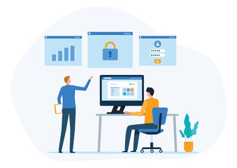 flat illustration design data security and system management. two business people working together at a computer 