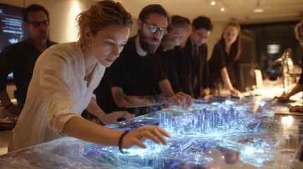 Architects of the Digital City: A diverse team collaborates around an interactive holographic city model, illuminated by the glow of data visualizations in a futuristic command center.