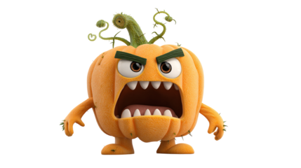 3D cartoon toy pumpkin character with exaggerated features, isolated on transparent background 