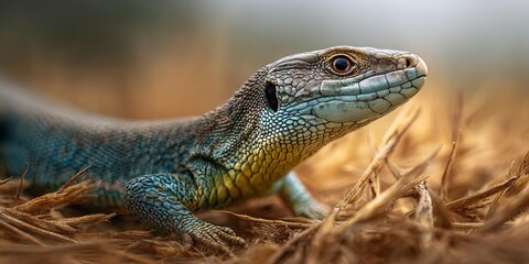 Fototapeta premium A green lizard is standing on a grassy field.