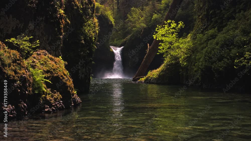 Poster remote waterfall flows into tranquil clear pool nestled between moss-covered cliffs and dense green 