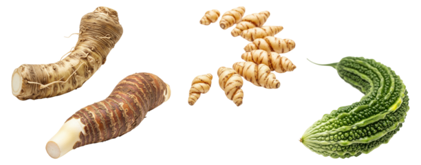 A collection of exotic roots and vegetables including horseradish, taro, oca, and bitter melon