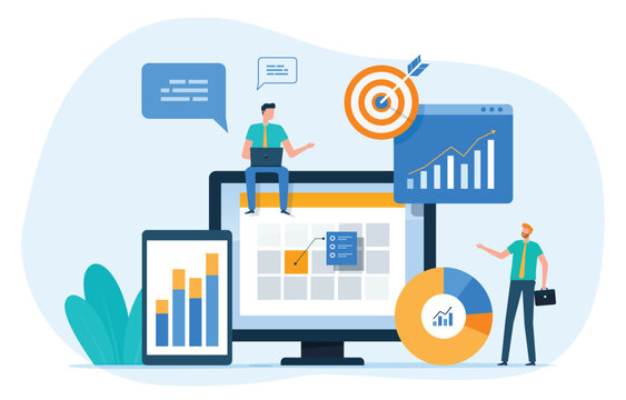 flat illustration design concept business marketing planning. people team working with online business schedule calendar moniter. 